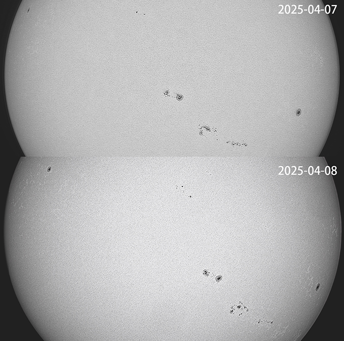 ◎ 圖一:兩天的黑子隨太陽自轉的位置變化。