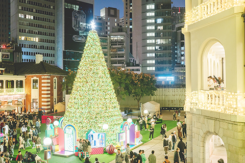 ◎ 十二月廿七日,中環大館。一棵高達十二米璀璨聖誕樹矗立於檢閱廣場中央,在古老磚牆的襯托下營造如夢似幻的冬日仙境,吸引眾多市民與遊客前來打卡。(香港中通社記者陳奕啟 攝)