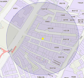 ◎ 澳門河邊新街小販巷環柏苑附近風險區域一百米半徑範圍。