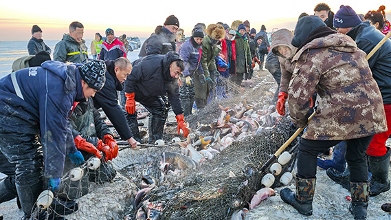 2025年12月24日,吉林查干湖冰面的冬捕作業現場。(王學雷 攝)