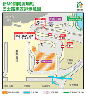 ◎ 新M9關閘廣場站巴士路線安排示意圖。