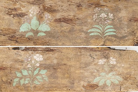◎ 拼版照片:這是在實驗室考古方艙內拍攝的墓葬M20出土棺板上的彩繪花卉圖案(二月一日攝)。(新華社記者李賀 攝)
