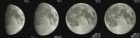 ◎上弦月之後至滿月的月相變化,除了月相不同之外,還得留意右邊的危機海和弟谷環形山與邊緣的距離變化,它就因為日、地、月球之間引力造成的的經向及緯向天秤動,形◎成月球在一個朔望月中上下左右的扭動。