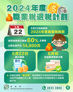 ◎ 五月二十二日起有序退回二零二四年度職業稅百分之六十稅款。