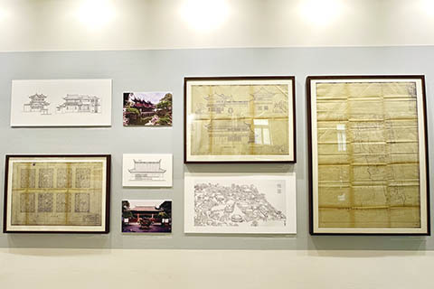 「上海建築手繪設計圖展」裏的手繪圖。(中新社記者 王笈 攝)